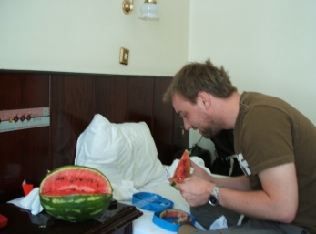 Hans FINALLY eats the melon he bought a week ago.